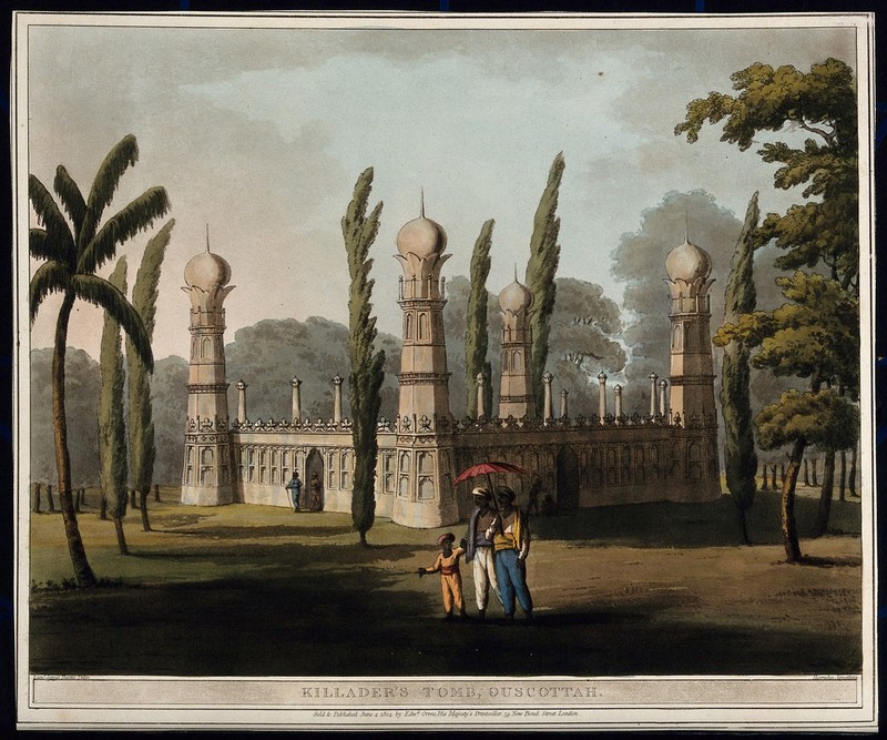 Tomb of Killader at Ouscottah, Karnataka. Coloured aquatint by H. Merke after James Hunter, 1804., 4 June 1804, by James Hunter