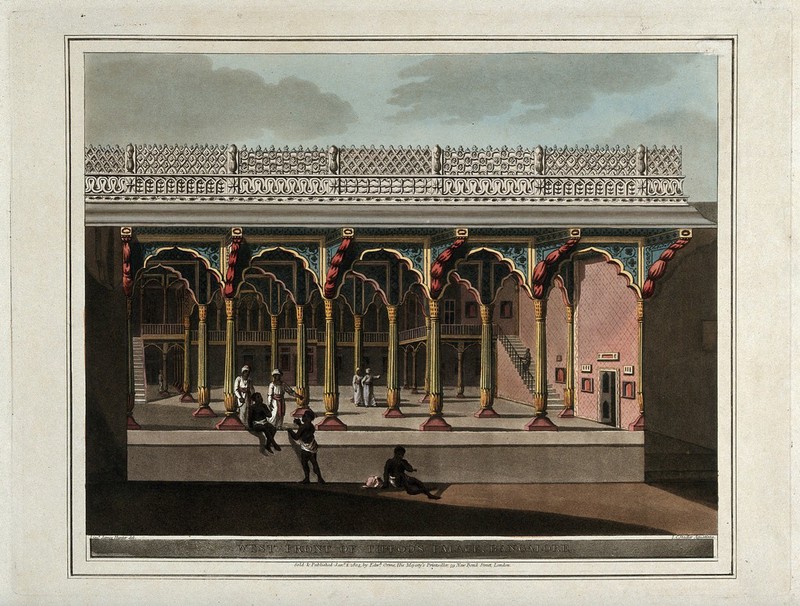 Palace of Tipu Sultan from the west, Bangalore, Karnataka. Coloured aquatint by H. Merke after James Hunter, 1804., January 1 1804, by James Hunter