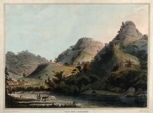 view Mountains at Ramagiri, near Mysore, Karnataka. Coloured aquatint by John William Edy after Robert H. Colebrooke, c. 1794.