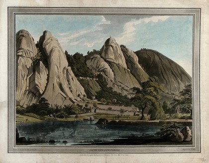 Savandurga, near Bangalore, Karnataka. Coloured aquatint by John William Edy after Robert H. Colebrooke, 1793.