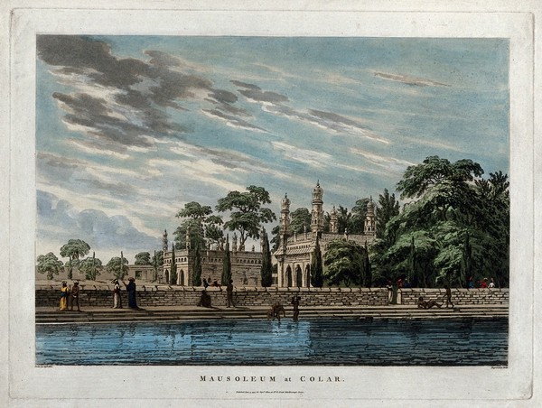 Mausoleum of Fateh Muhammad at Kolar, near Mysore, Karnataka. Coloured aquatint by J. Wells after A. Allan, 1794.