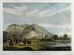 view Landscape at "Neel-Droog" with horseriders, near Mysore, Karnataka. Coloured aquatint by J. Wells after A. Allan, 1794.