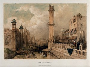 view The Chandnee Chouk or market place, Delhi. Coloured lithograph by W. Gauci after Thomas Colman Dibdin after Bacon, 1840.