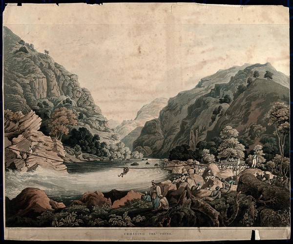 People crossing the river Tons by rope bridge, Himalaya mountains, India. Coloured aquatint by Robert Havell, 1820, after James Baillie Fraser.