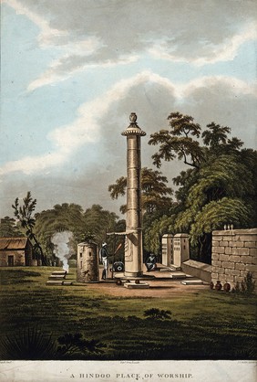 Worship at a Hindu shrine, India. Coloured aquatint by Edward Orme and Joseph Constantine Stadler after Thomas Daniell, 1804.