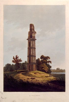 Landscape with pagoda, India. Coloured aquatint by Edward Orme and Joseph Constantine Stadler after Thomas Daniell, 1804.