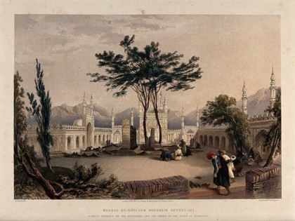 Mosque of Coolaum Hoossein Huzrut-Jee, Kandahar, Afghanistan. Coloured lithograph by R. Carrick after Lieutenant James Rattray, c. 1847.