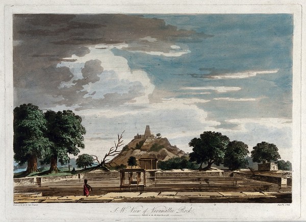 Ghats at Veramallee rock, India. Coloured aquatint by J. Wells after Captain E. Trapaud, 1788.