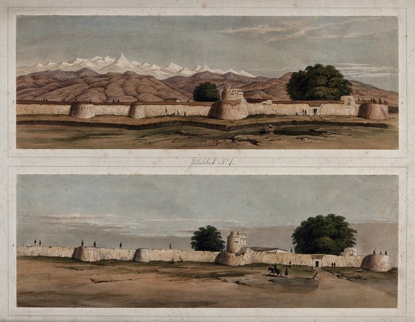 Earthquake damage to fortifications, with trees, Jalal-Kut, Afghanistan. Coloured lithographs by W.L. Walton, c. 1850.
