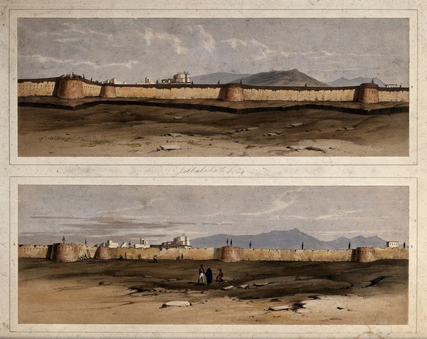 Earthquake damage to fortifications, with three figures in the foreground, Jalal-Kut, Afghanistan. Coloured lithographs by W.L. Walton, c. 1850.