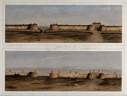 Earthquake damage to fortifications, seen from the west, Jalal-Kut, Afghanistan. Coloured lithographs by W.L. Walton, c. 1850.