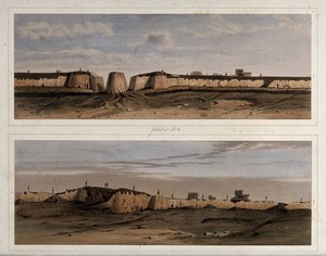 view Earthquake damage to fortifications, Jalal-Kut, Afghanistan. Coloured lithographs by W.L. Walton, c. 1850.
