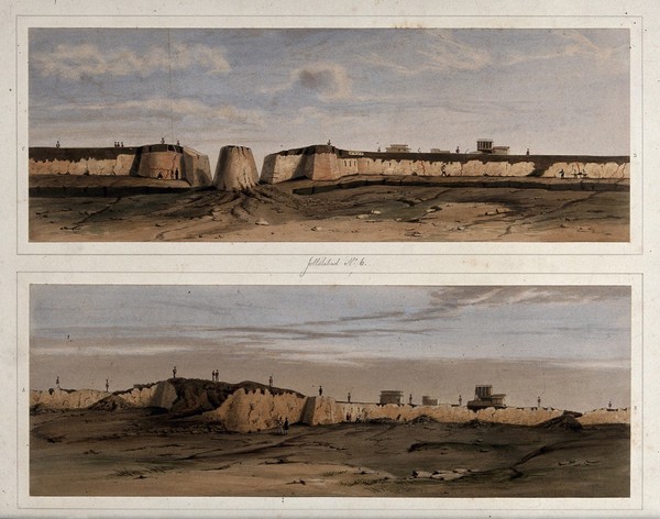 Earthquake damage to fortifications, Jalal-Kut, Afghanistan. Coloured lithographs by W.L. Walton, c. 1850.