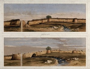view Earthquake damage to fortifications, with waterway, Jalal-Kut, Afghanistan. Coloured lithographs by W.L. Walton, c. 1850.