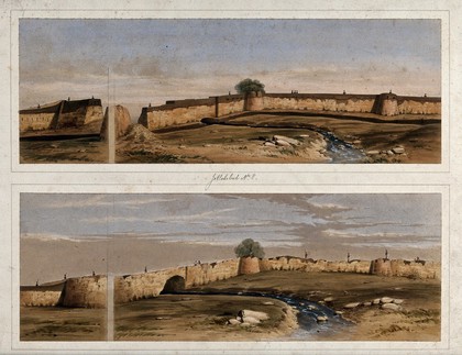 Earthquake damage to fortifications, with waterway, Jalal-Kut, Afghanistan. Coloured lithographs by W.L. Walton, c. 1850.