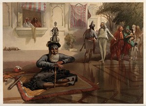 view Seated holy man with figures, Amritsar, Punjab. Chromolithograph by William Simpson, 1864.