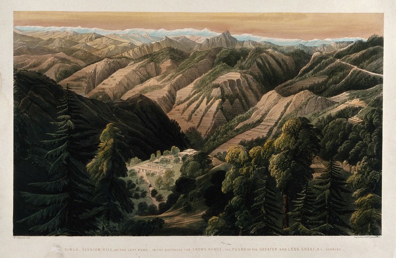 Simla and surrounding mountains in the Himalayas, Himachal Pradesh. Chromolithograph by William Simpson, c. 1852., [1 May 1852], by William Simpson