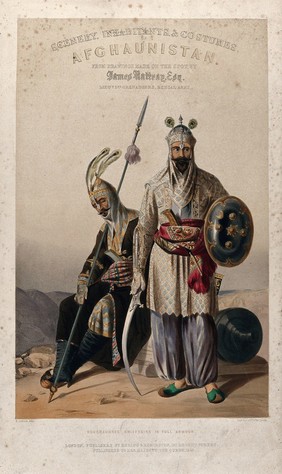 Afghan leaders in military costume with armour and weapons, Afghanistan. Coloured lithograph by R. Carrick after Lieutenant James Rattray, 1847.