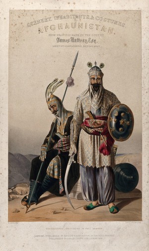 view Afghan leaders in military costume with armour and weapons, Afghanistan. Coloured lithograph by R. Carrick after Lieutenant James Rattray, 1847.