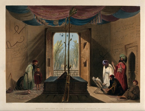 Worshippers at the Mosque of Emperor Sultan Mahmood, Ghazni, Afghanistan. Coloured lithograph by R. Carrick after Lieutenant James Rattray, c. 1847.