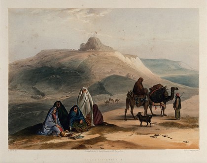 Landscape with veiled women and camels, Kalat-i-Ghilzai, Afghanistan. Coloured lithograph by R. Carrick after Lieutenant James Rattray, c. 1847.