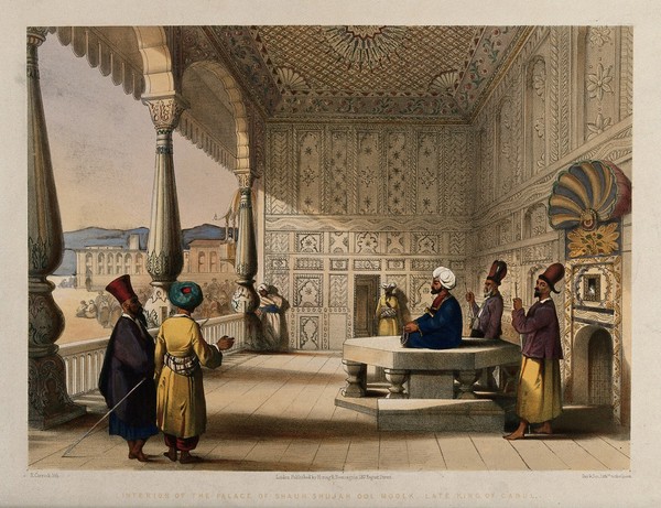 Men in the decorated palace of Shah Shujah Ool Moolk, Afghanistan. Coloured lithograph by R. Carrick after Lieutenant James Rattray, c. 1847.