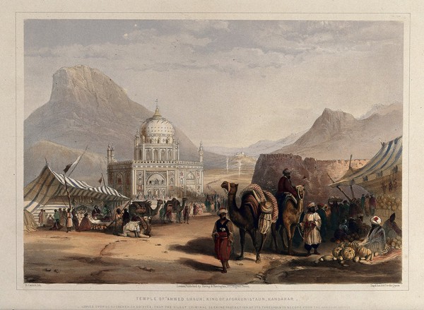 Open-air market outside the temple of Shah Ahmed, Kandahar, Afghanistan. Coloured lithograph by R. Carrick after Lieutenant James Rattray, c. 1847.