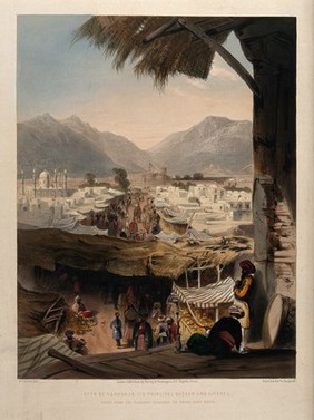 City of Kandahar, with main bazaar and citadel, Afghanistan. Coloured lithograph by R. Carrick after Lieutenant James Rattray, c. 1847.