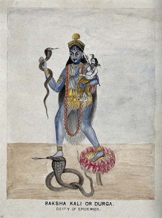 Raksha Kali, a form of the goddess Parvati worshipped for protection against epidemics and drought. Watercolour.