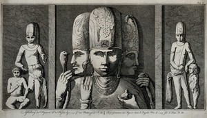view Sculpted figures on the temples of Elephanta. Etching by C. Philips Jacobsz., ca. 1780, after C. Niebuhr.