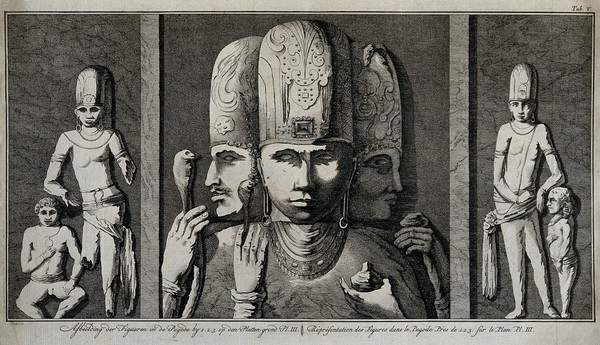 Sculpted figures on the temples of Elephanta. Etching by C. Philips Jacobsz., ca. 1780, after C. Niebuhr.