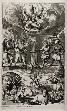 Vishnu in his incarnation as Kurma the turtle. Engraving, 1672.