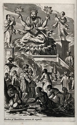 Vishnu in his incarnation as Buddha, the thinker. Engraving, 1672.