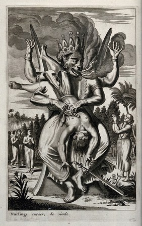 Vishnu in his incarnation as Narasimha, the man-lion. Engraving, 1672.