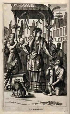 view The Empress Nūr Jahān, consort of Emperor Jahangir. Engraving, 1672.