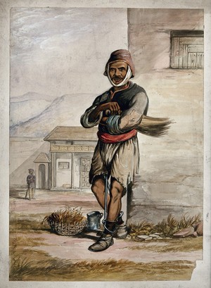 view A man of Simla, standing in a prison with manacles around his ankles. Watercolour by R. Clint, 1866.