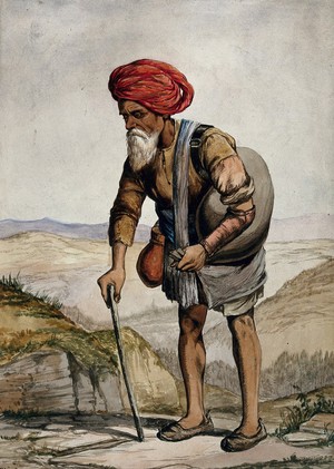 view An old man of Simla, holding a stick, standing with a sack on his shoulder. Watercolour by R. Clint, 1866.