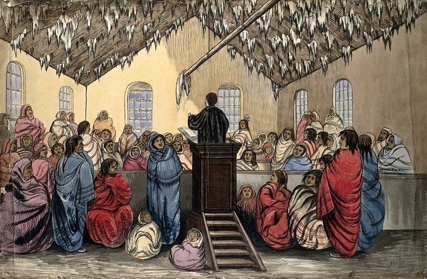 Red River Settlement, Canada: a Christian missionary preaching to native North Americans. Watercolour attributed to an unidentified person called 'The Empire Traveller', ca. 1860.