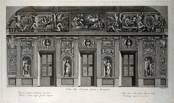 Rome, Palazzo Farnese: paintings of the loves of the gods by Annibale Carracci. Engraving by P. Bettelini and G. Volpato after A. Carracci, ca. 1800.