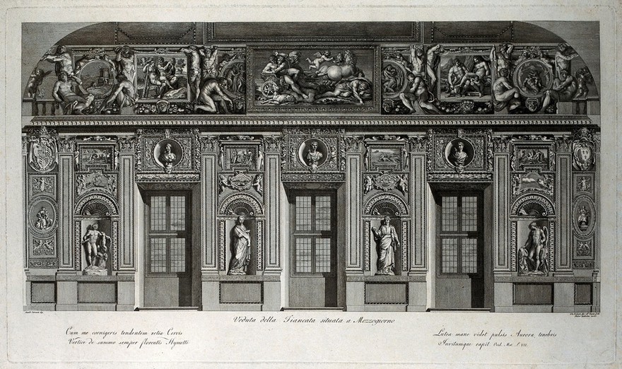 Rome, Palazzo Farnese: paintings of the loves of the gods by Annibale Carracci. Engraving by P. Bettelini and G. Volpato after A. Carracci, ca. 1800.