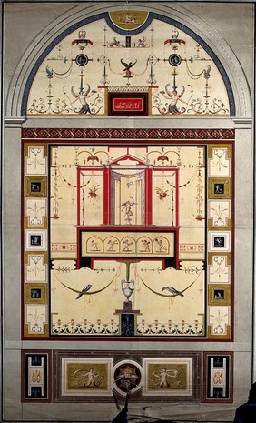 Grotteschi in the Vatican: mural decorative panels showing birds and figures. Pen, ink and watercolour drawing by or after Giovanni da Udine.