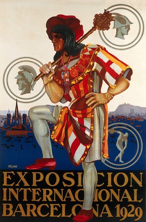 view International Exhibition, Barcelona, 1929: a man wearing 16th century (?) costume; coats of arms of Spanish kingdoms arpund his collar. Colour lithograph by Rojas, 1929.