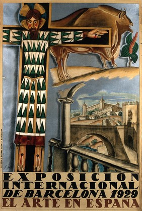 International Exhibition, Barcelona, 1929: Cristo de Medinaceli, Altamira ox-drawing from caves, view of Toledo (?). Colour lithograph by F. Galí Fabra, 1929.