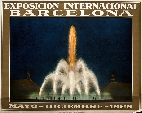 International Exhibition, Barcelona, 1929: the magic fountain (Font de Monjuich). Colour lithograph after Santacreu, 1929.