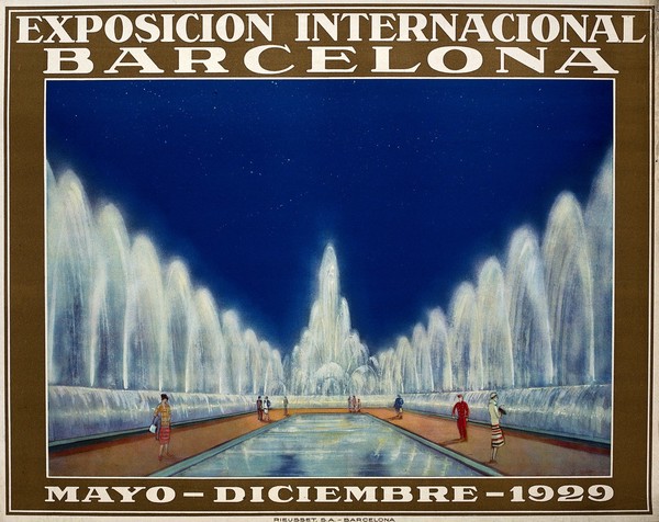 International Exhibition, Barcelona, 1929: fountains in the exhibition, figures in the foreground. Colour lithograph, 1929.