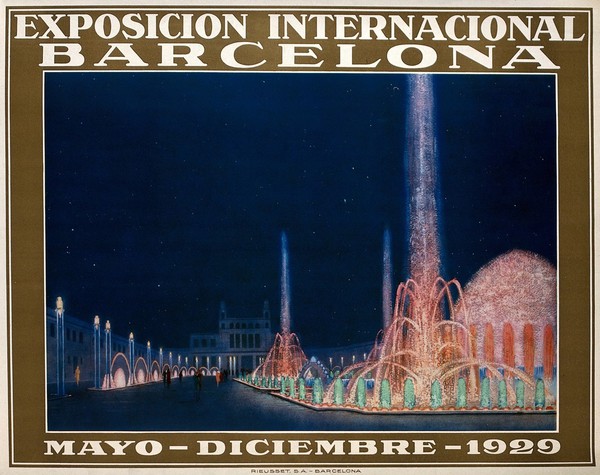 International Exhibition, Barcelona, 1929: fountains in the exhibition. Colour lithograph, 1929.