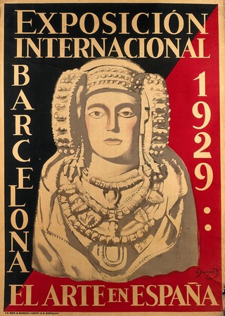 International Exhibition, Barcelona, 1929: the Dama de Elche, Alicante. Colour lithograph by G. Camps Junyent, 1929.