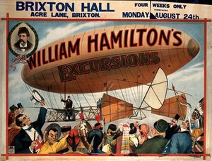 view Travels to distant parts of the world performed by Willam Hamilton, represented by an airship piloted by him that is acclaimed by people of different races. Colour lithograph, ca. 1900.