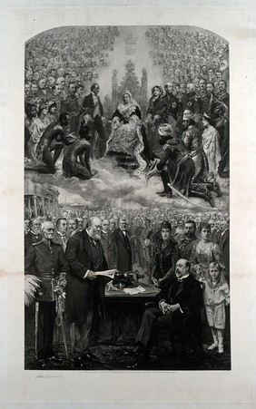 The assumption of Queen Victoria. Photogravure, 1902, after A. Drummond, 1901.