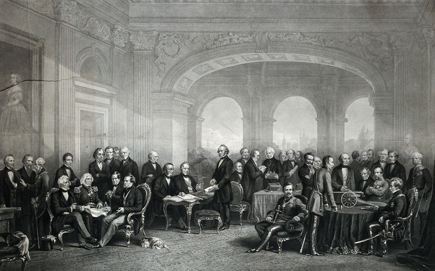 British inventors, politicians and military men, gathered in a room at Buckingham Palace. Engraving by C.G. Lewis, 1863, after T.J. Barker.